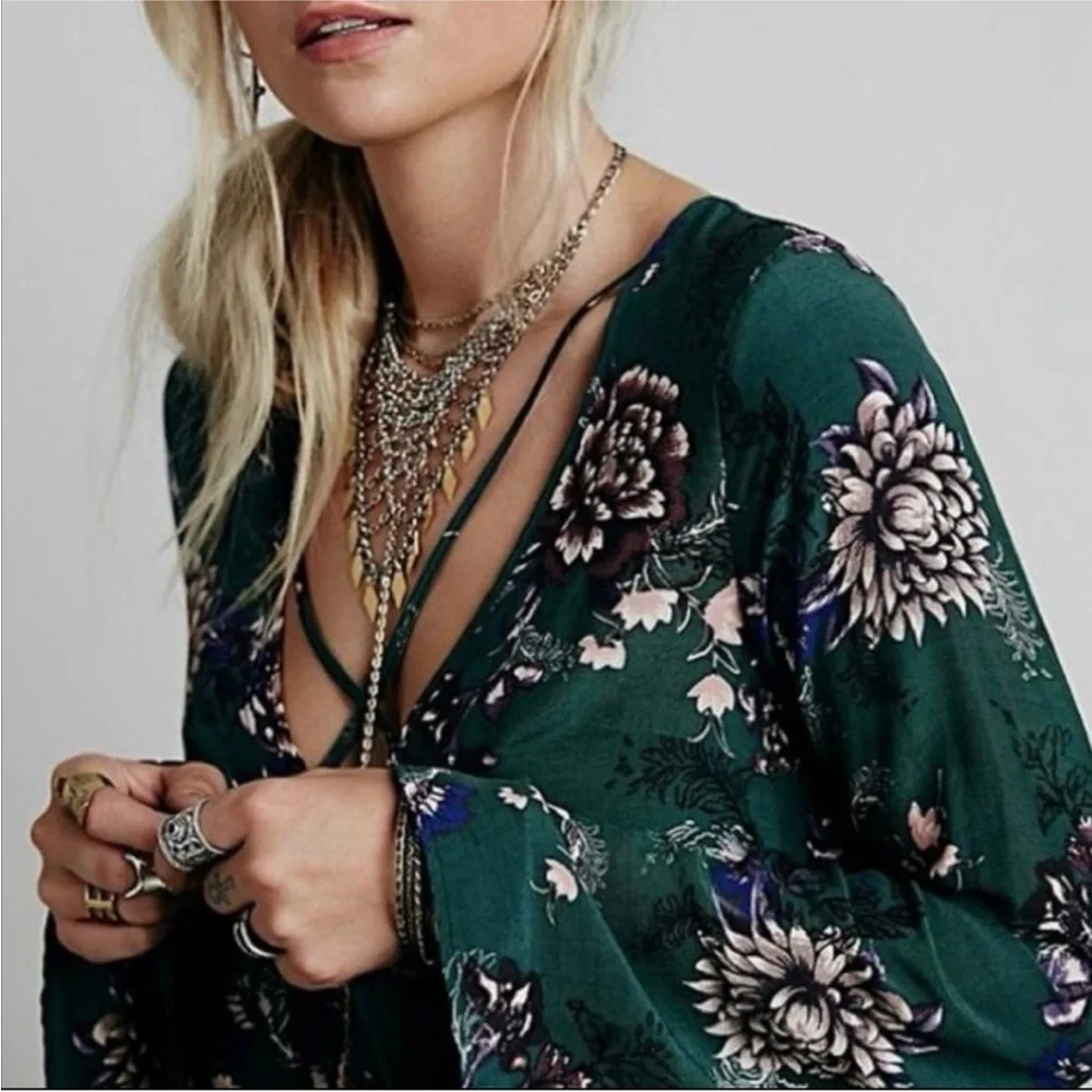 FREE PEOPLE Heartbeat Green Floral Bell Long Sleeve Tunic Mini Dress Oversize L